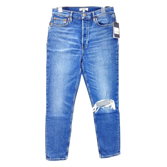 ReDone 90's High Rise Ankle Crop in Worn Brook Blue Light wash - Picture 2 of 10